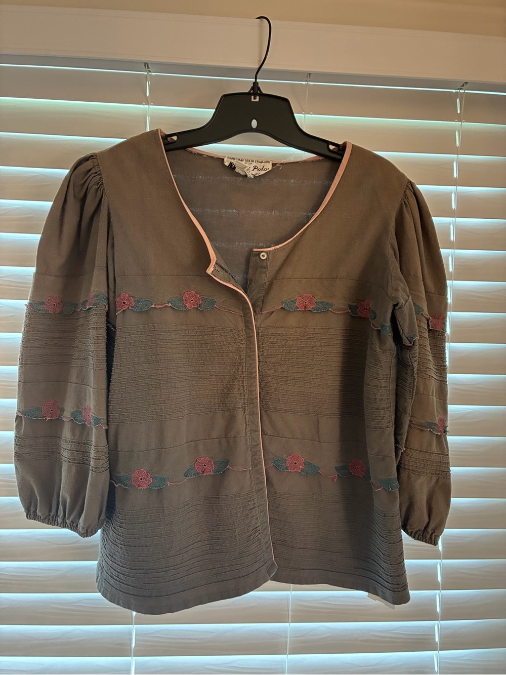 Olive Green Floral-Trim Puff-Sleeve Blouse 100% Cotton